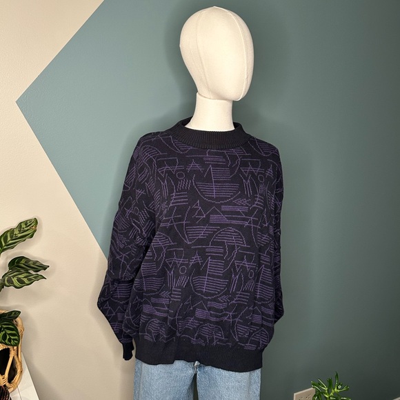 Vintage Mondo di Marco Geometric Sweater Purple Black Bold Knit L/52 Italy - Picture 2 of 9